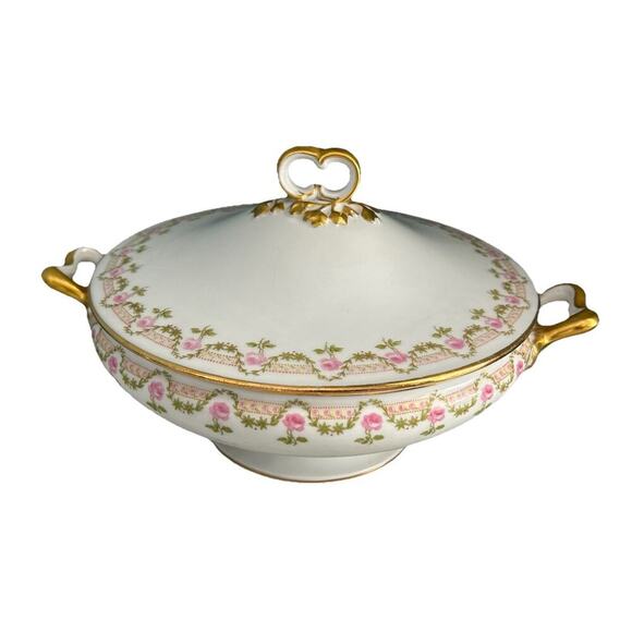 Vintage Wm. Guerin & Co. France Limoges Pink Rose Covered Round Serving Bowl - Picture 1 of 16